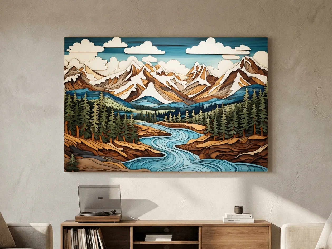 Intarsia Style Mountain River Landscape - Rustic Alpine Forest Artwork