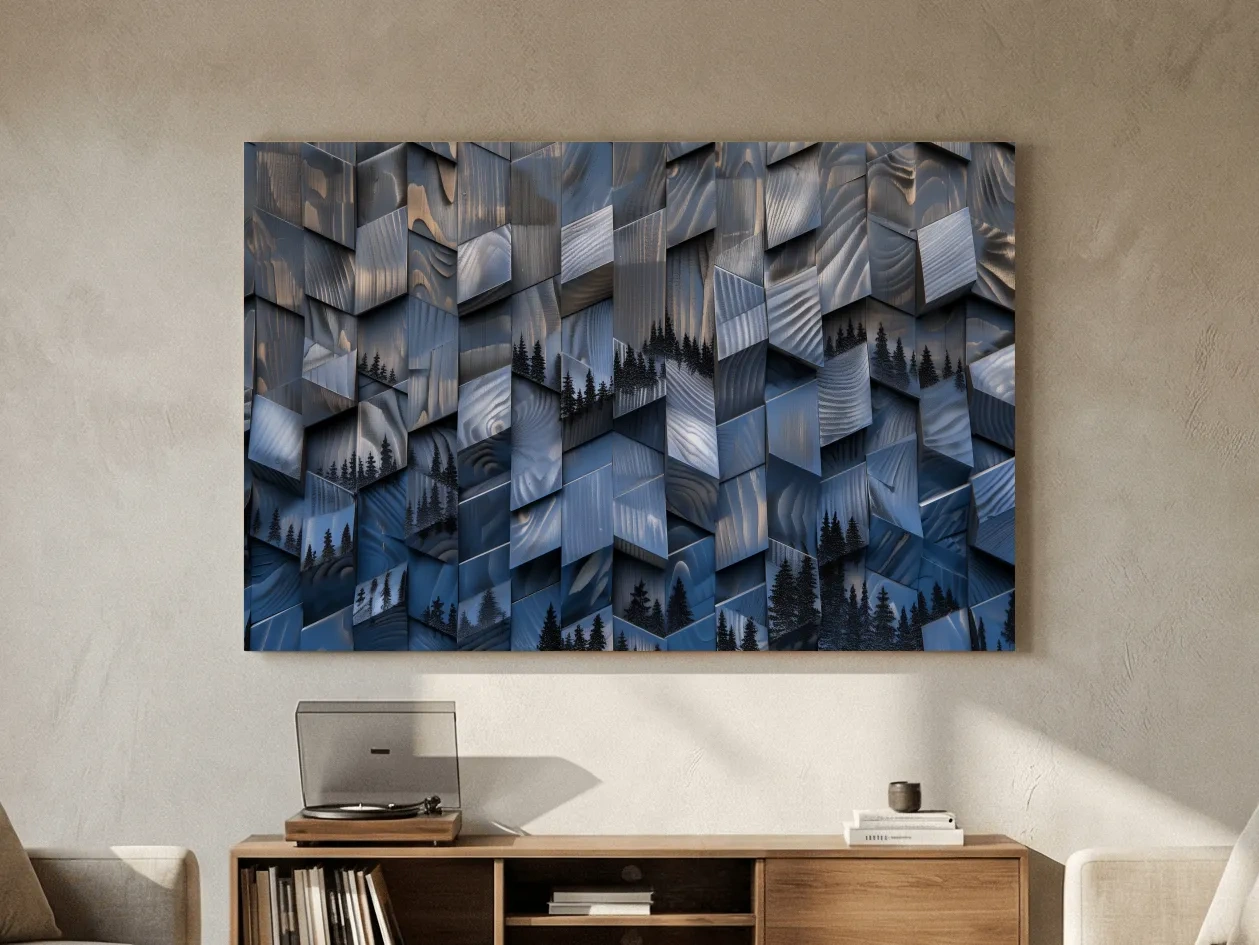 Wood Block Mountain Forest Collage - 3D Effect Abstract Landscape Wall Art