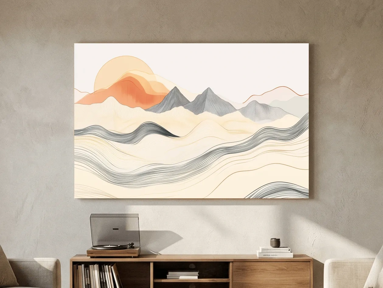 Minimalist Line Art Mountain Sunset - Abstract Landscape Wall Art