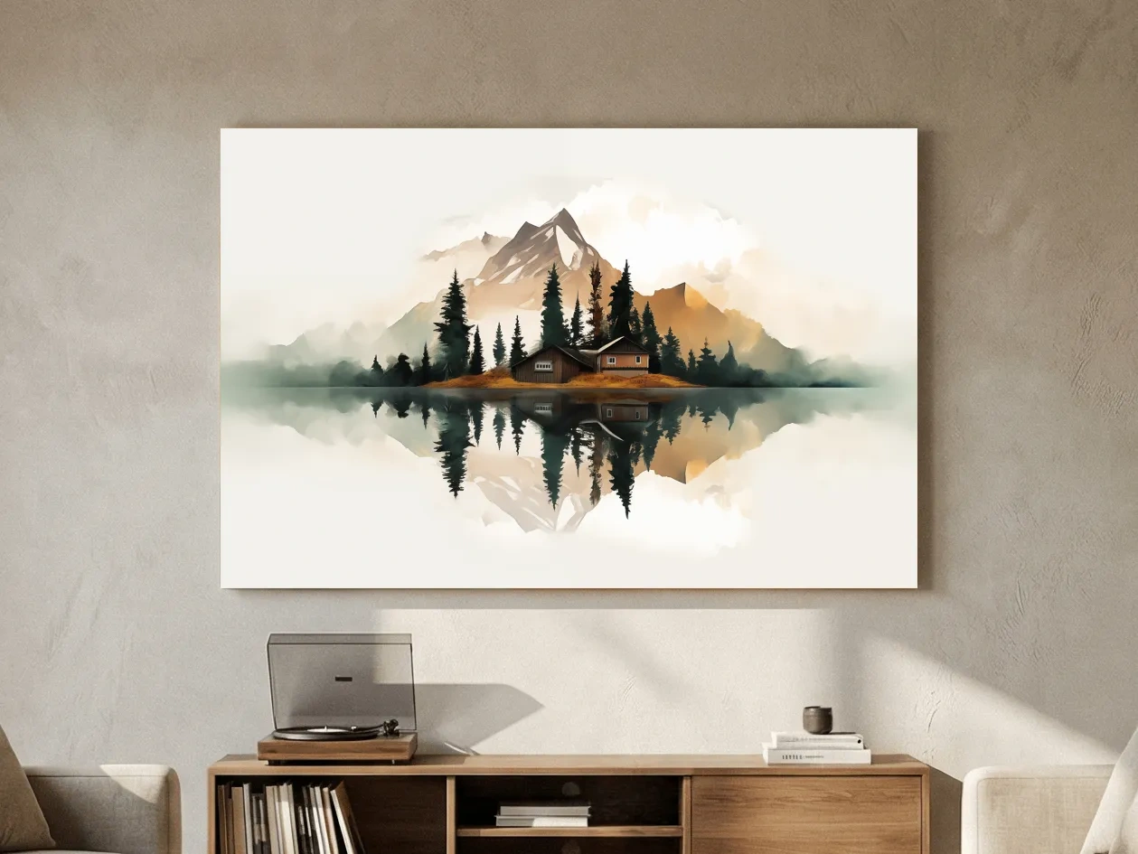 Minimalist Mountain Cabin Lake Reflection - Misty Watercolor Landscape Wall Art