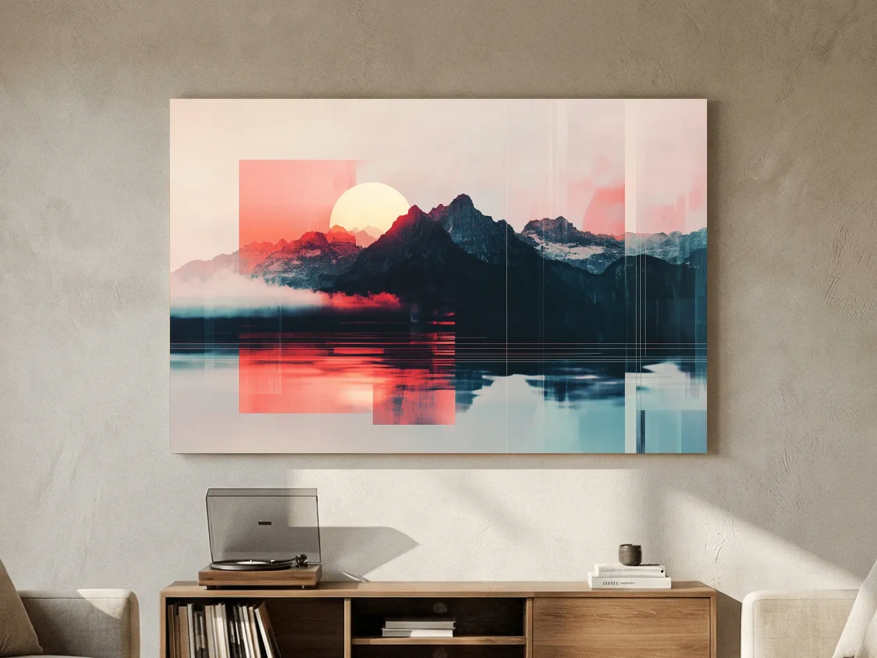 Abstract Alpine Mountain Sunset Reflection - Modern Geometric Glitch Wall Art