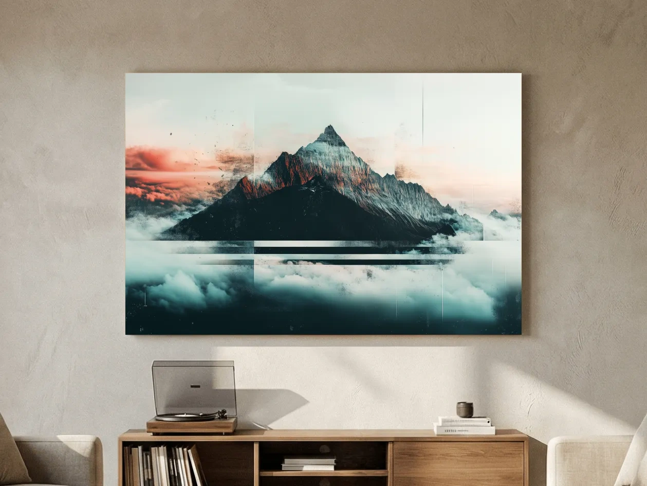 Mountain peak in the clouds at sunset, glitch style artwork