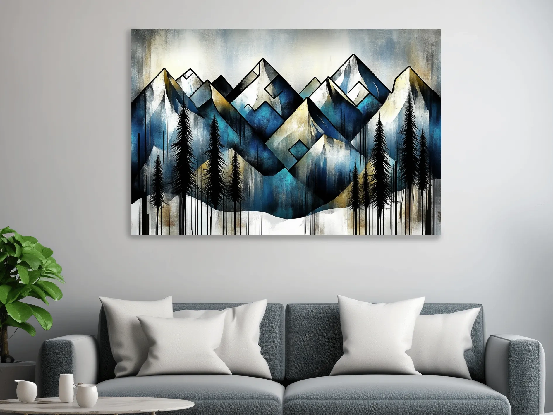 Geometric Mountain Peaks With Pine Trees - Modern Abstract Landscape Artwork