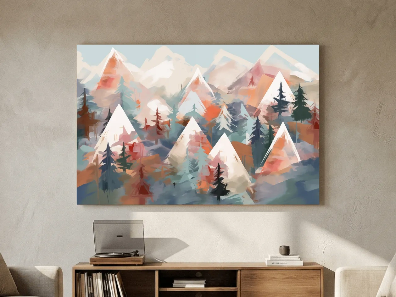 Abstract Alpine Peaks And Pine Forest - Pastel Watercolor Mountain Landscape Wall Art