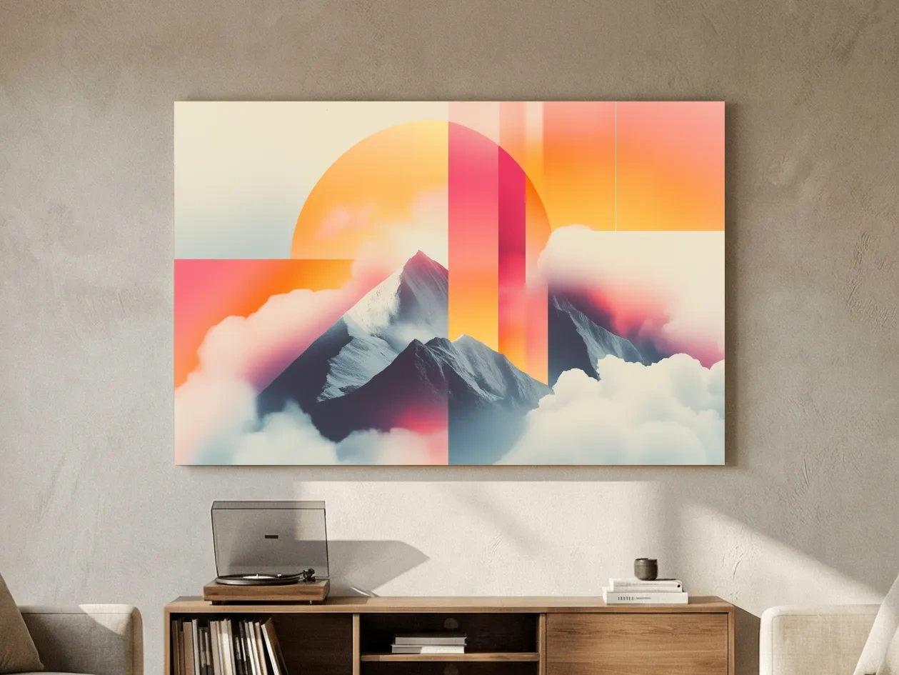 Surreal Retro Mountain Sunrise Wall Art - Abstract Artwork