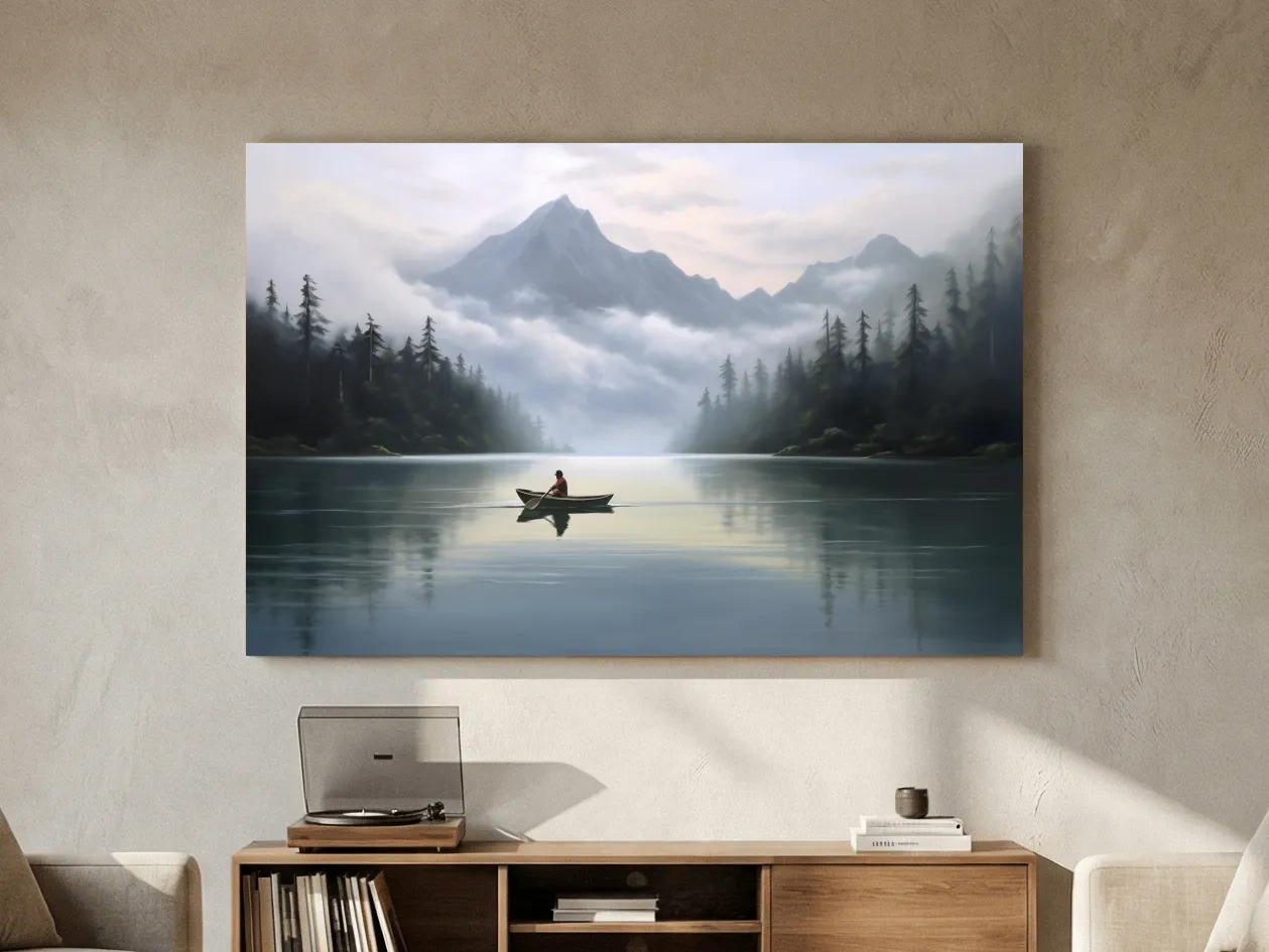 Misty Mountain Alpine Lake Canoe Scene - Serene Landscape Wall Art