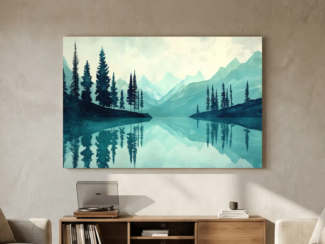 Treelined Alpine Lake Reflection - Watercolor Forest Wall Art