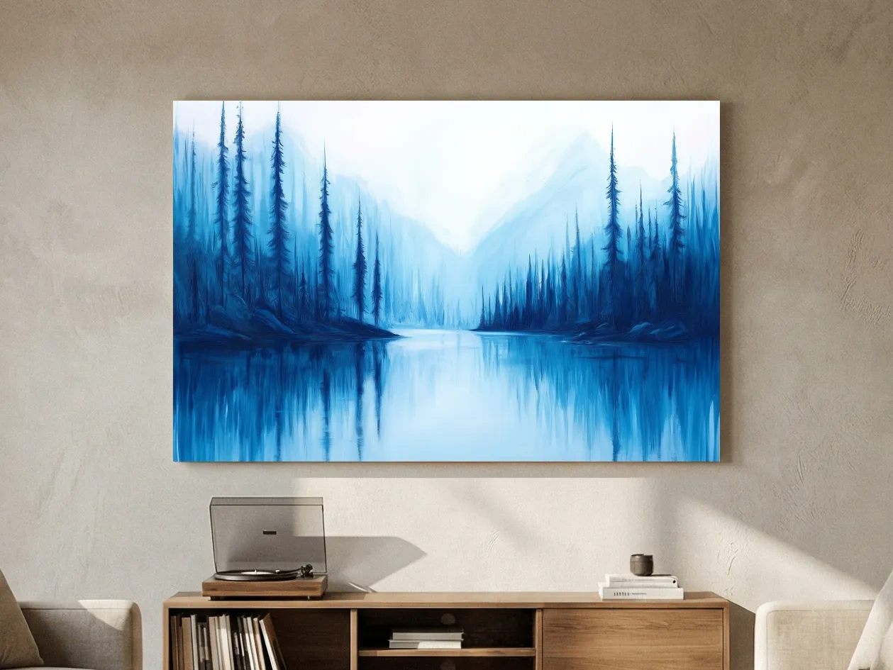 Misty Blue Alpine Lake & Pine Forest - Impressionist Landscape Painting Artwork