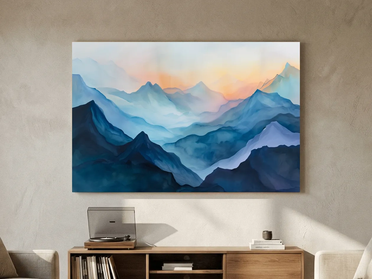 Misty Sunrise Watercolor Mountain Range - Serene Abstract Landscape Wall Art