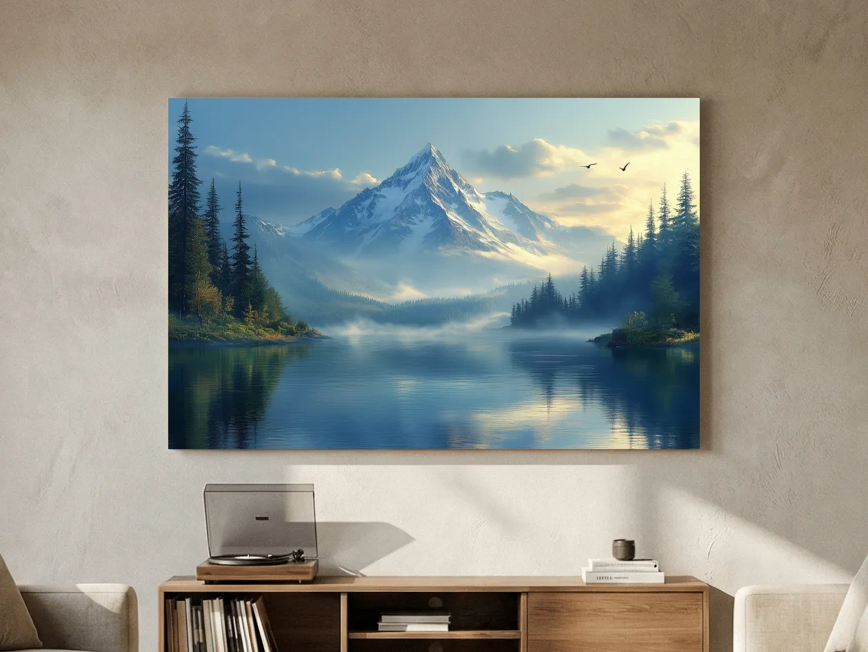 Misty Alpine Mountain Lake Sunset - Pine Forest Artwork