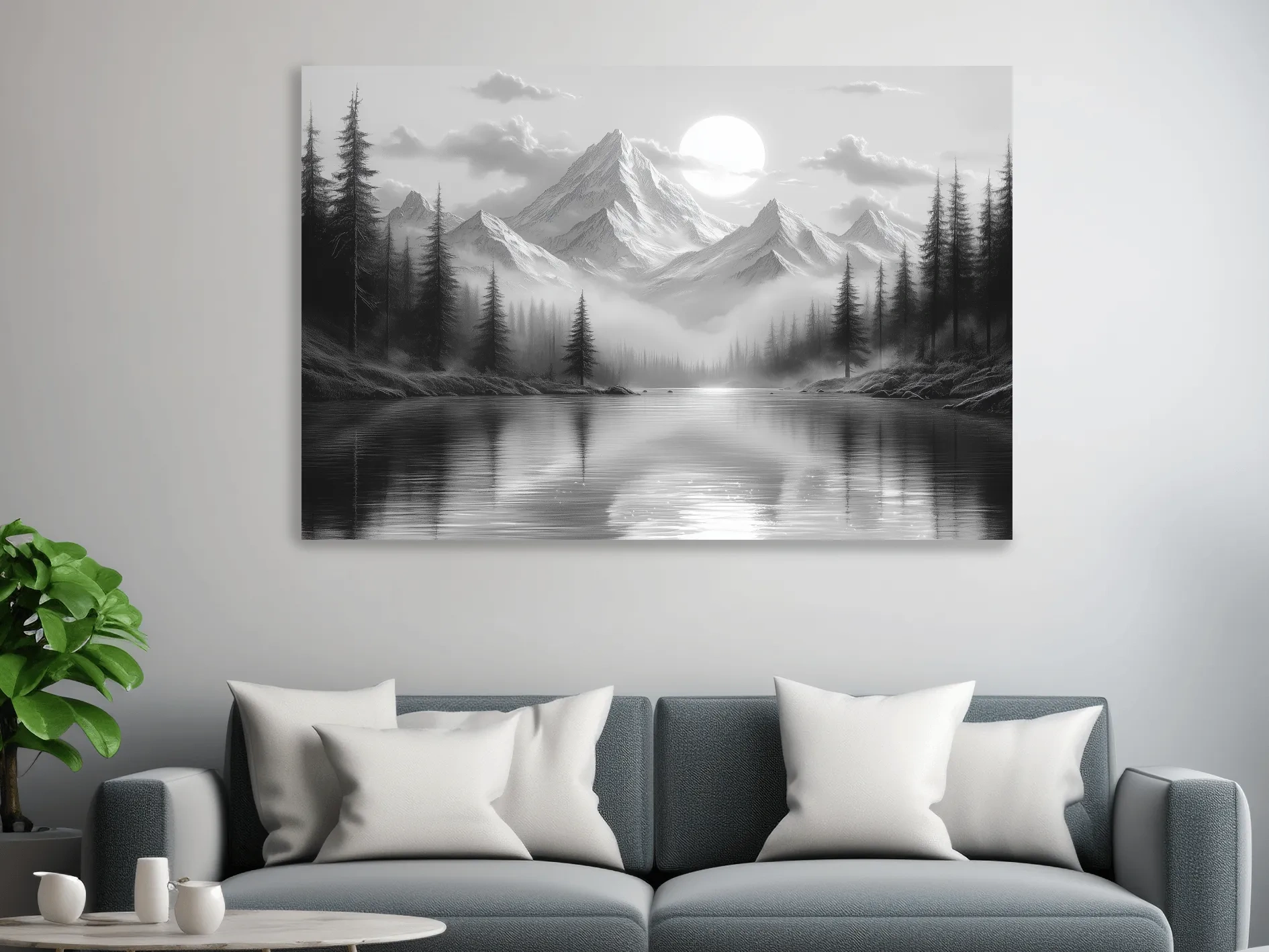 Monochrome Misty Alpine Lake Landscape - Mountain Forest Wall Art