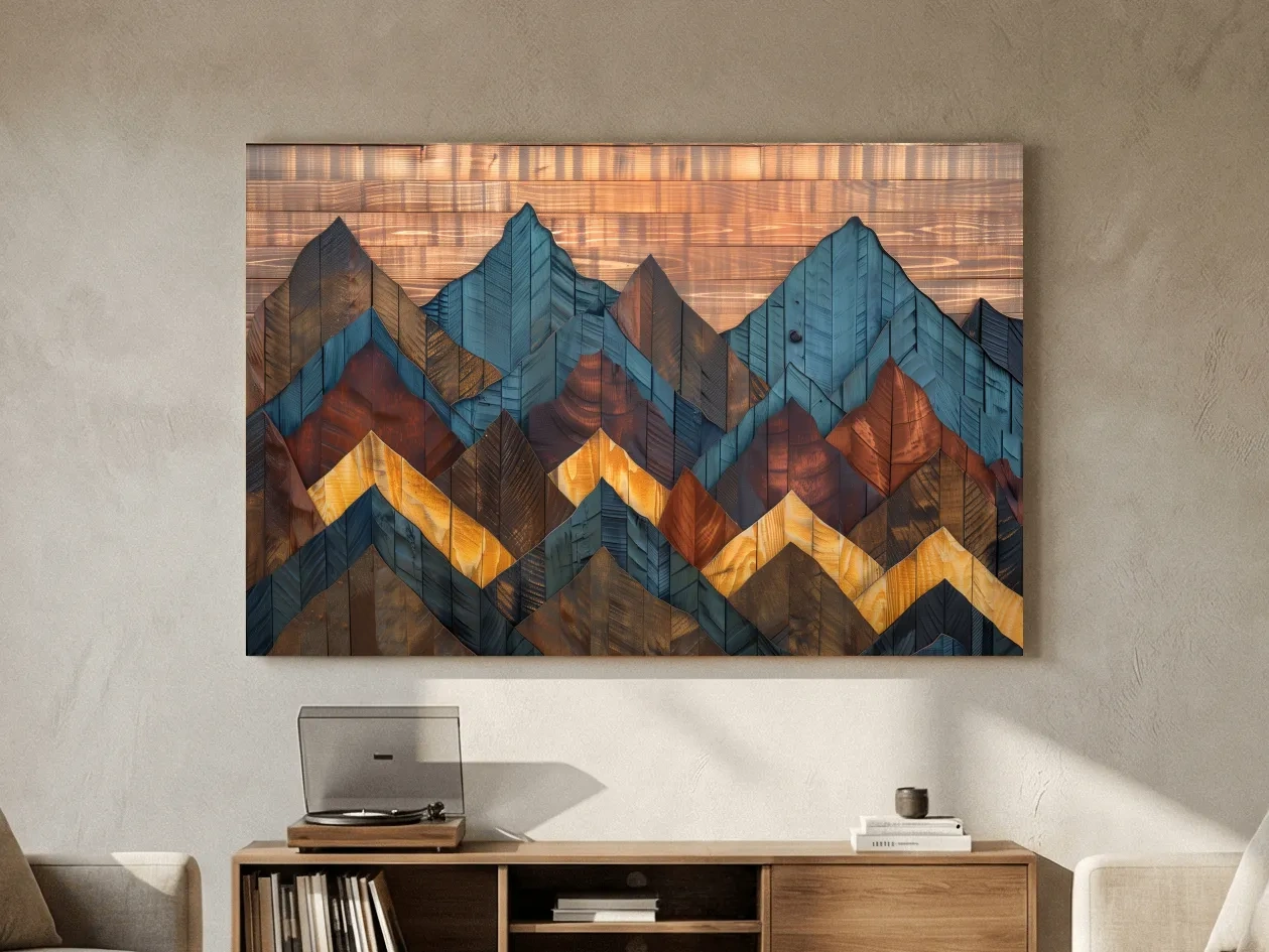Geometric Wood Grain Mountain Range - Rustic Landscape Artwork