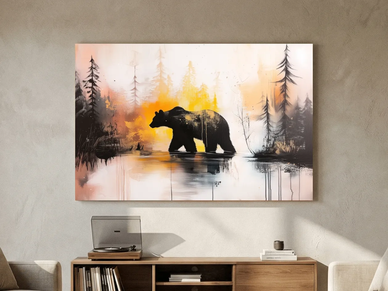 Grizzly Bear Forest Silhouette - Abstract Watercolor Wilderness Wall Art