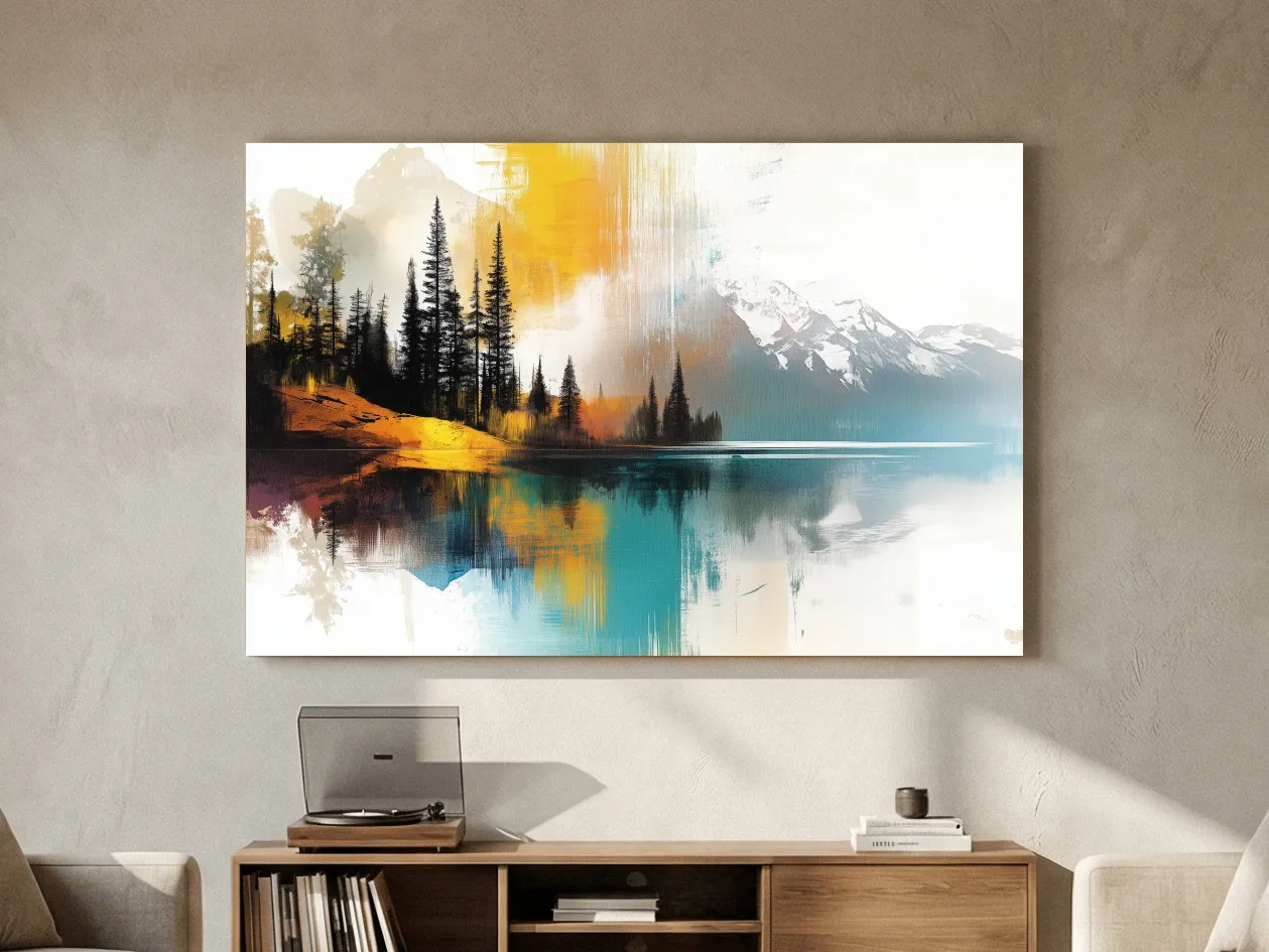 Colorful Abstract Mountain Lake Reflection Painting - Forest Landscape Wall Art