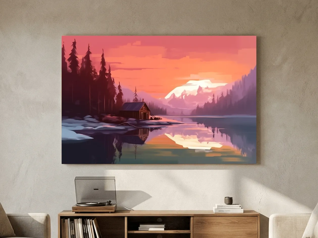 Sunset Mountain Lake Cabin Painting - Serene Alpine Landscape Wall Art