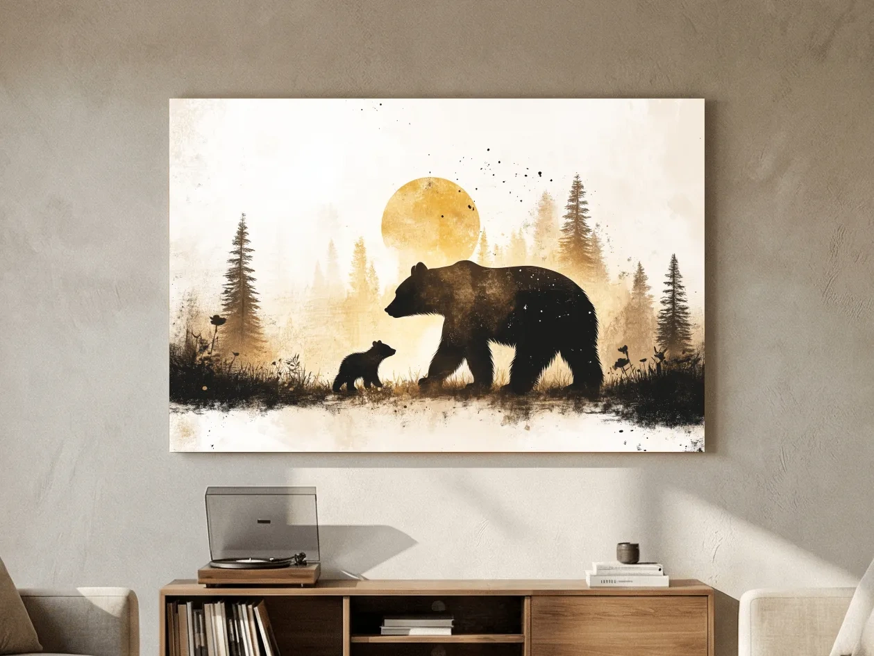 Momma Bear And Cub Watercolor Silhouette - Rustic Forest Wildlife Wall Art