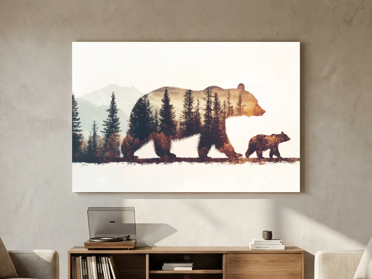 Rustic Double Exposure Bear Family - Sunset Forest Wildlife Wall Art
