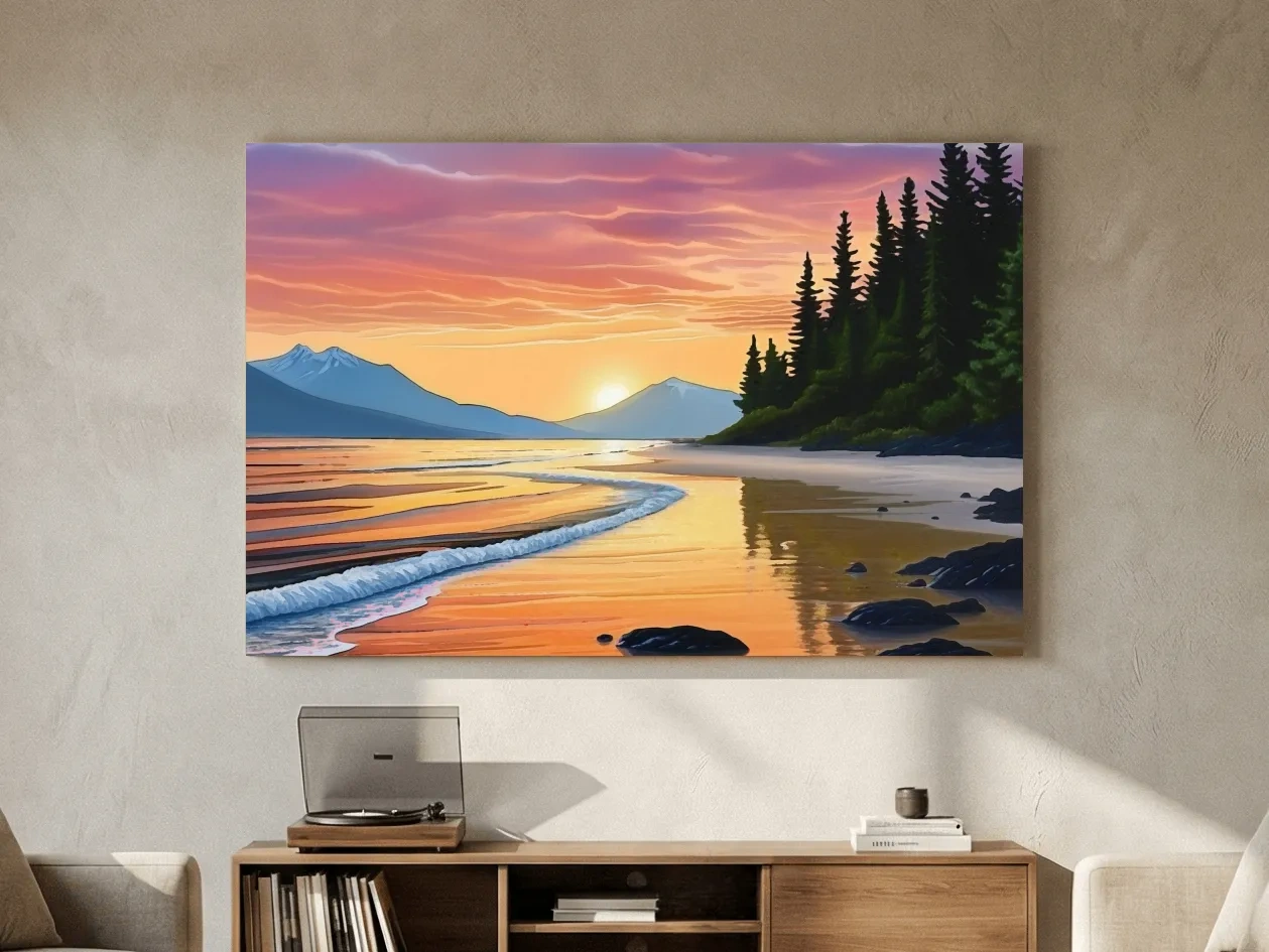 Pacific Northwest Coastal Sunset Beach Painting - Vibrant Pine Wall Art