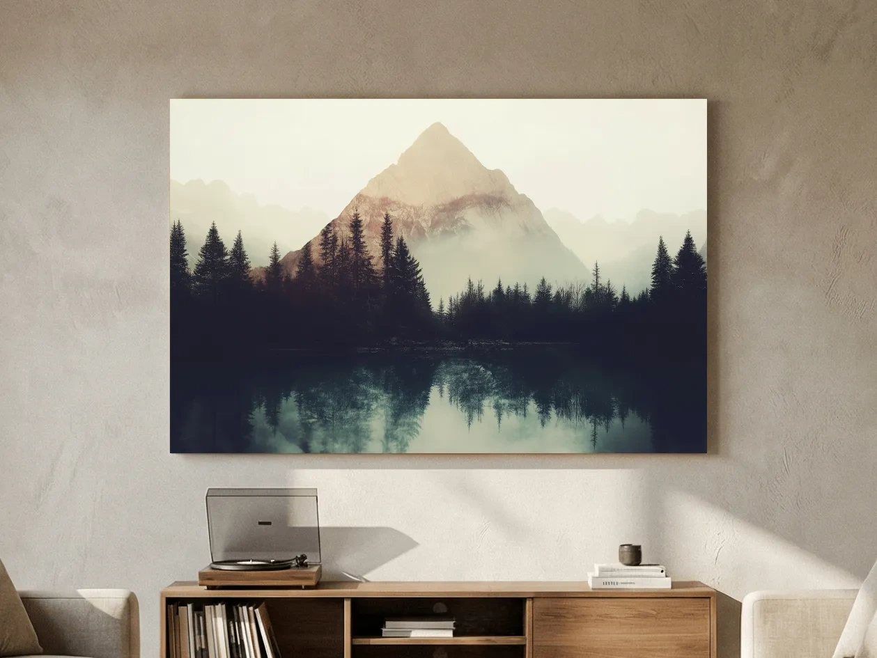 Misty Pine Forest Silhouette Lake Reflection - Moody Mountain Wall Art