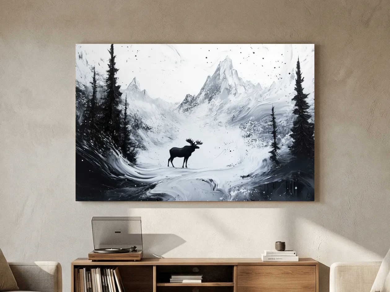 Moody Monochrome Moose Alpine Meadows - Abstract Ink Wash Wildlife Wall Art