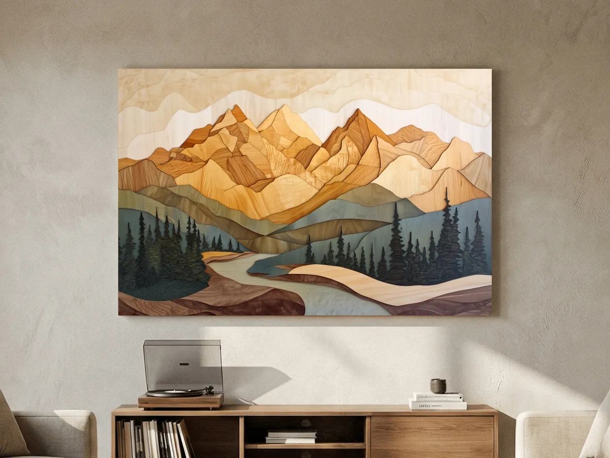Wood Intarsia Mountain Landscape - Warm Earth Tone Alpine Forest Wall Art