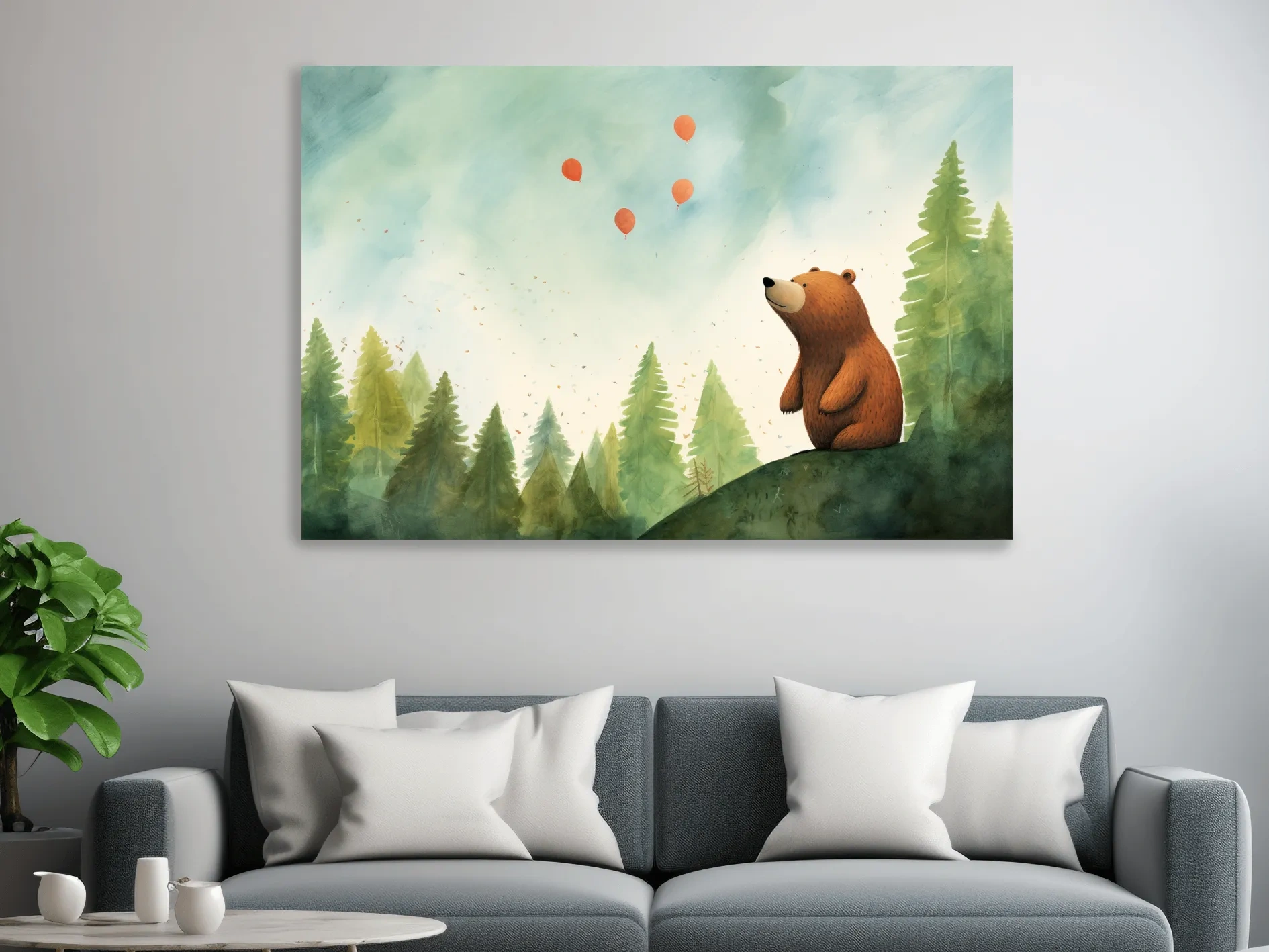 Whimsical Watercolor Bear Watching Balloons - Cute Nursery Forest Wall Art