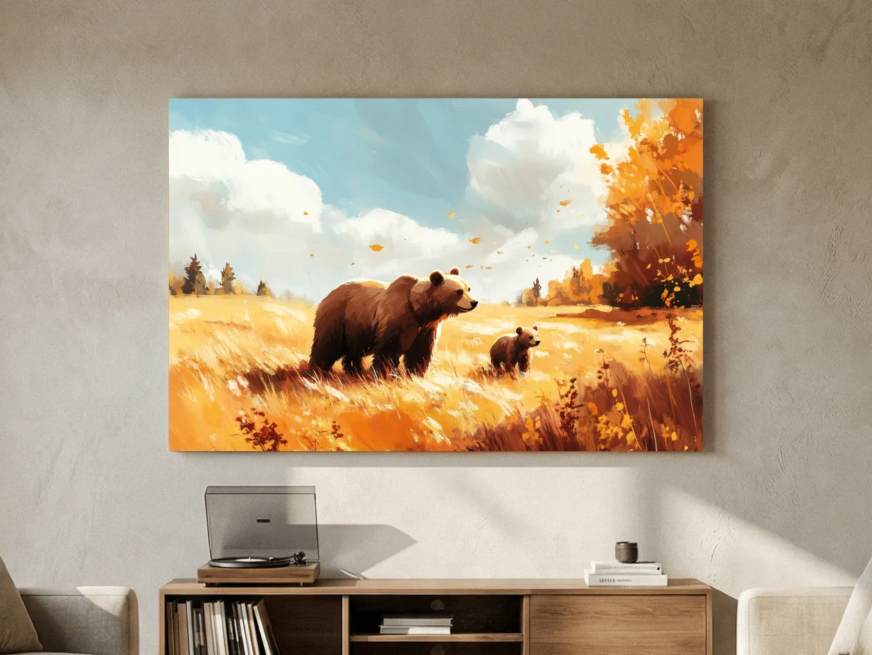 Autumn Grizzly Bear & Cub Painting - Warm Golden Wildlife Wall Art