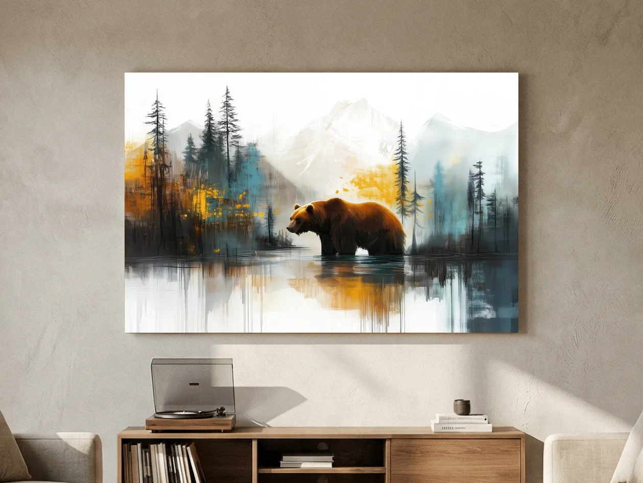 Grizzly Bear Lake Reflection - Misty Mountain Forest Watercolor Style Artwork