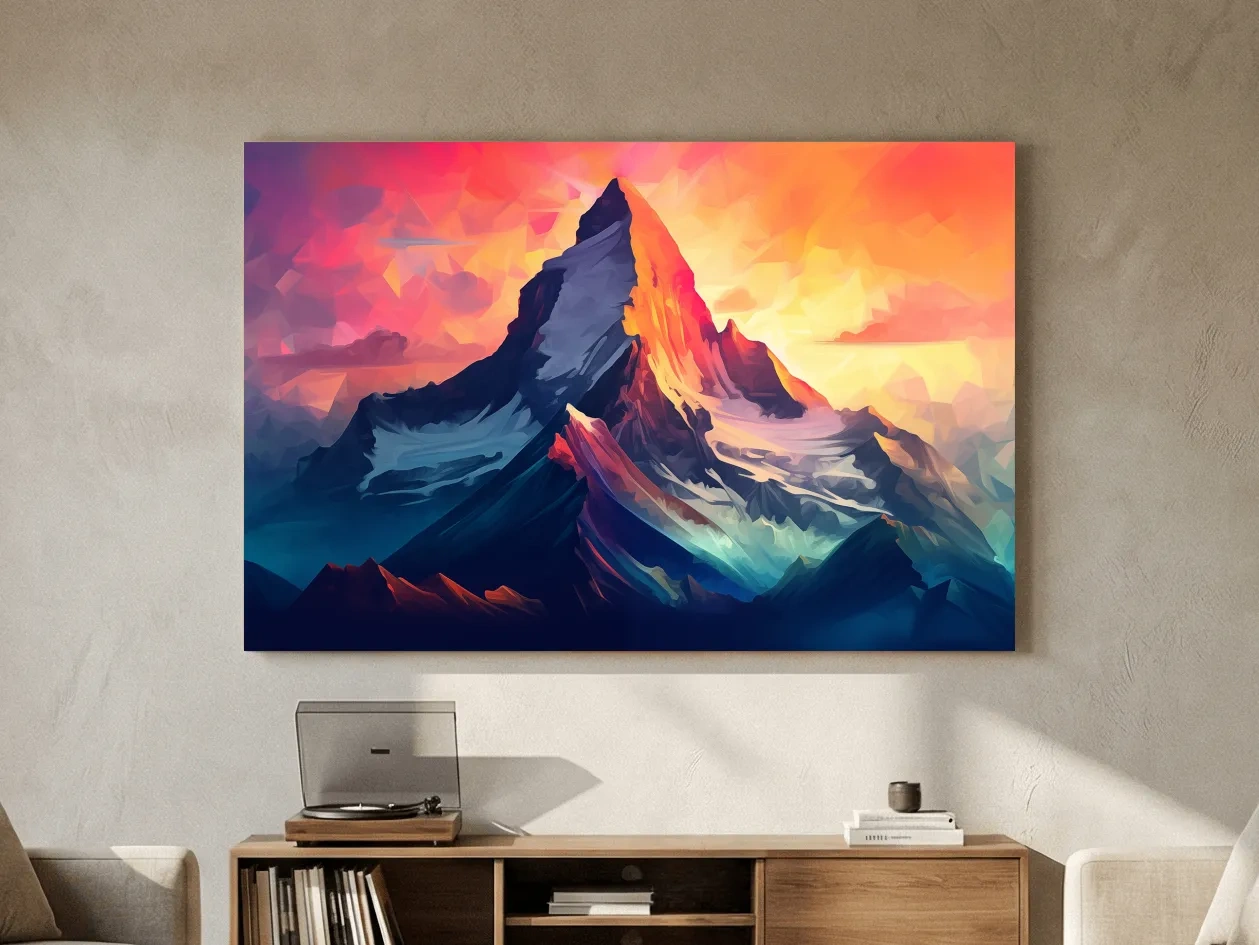 Vibrant Geometric Alpine Peak Sunrise - Modern Abstract Mountain Wall Art