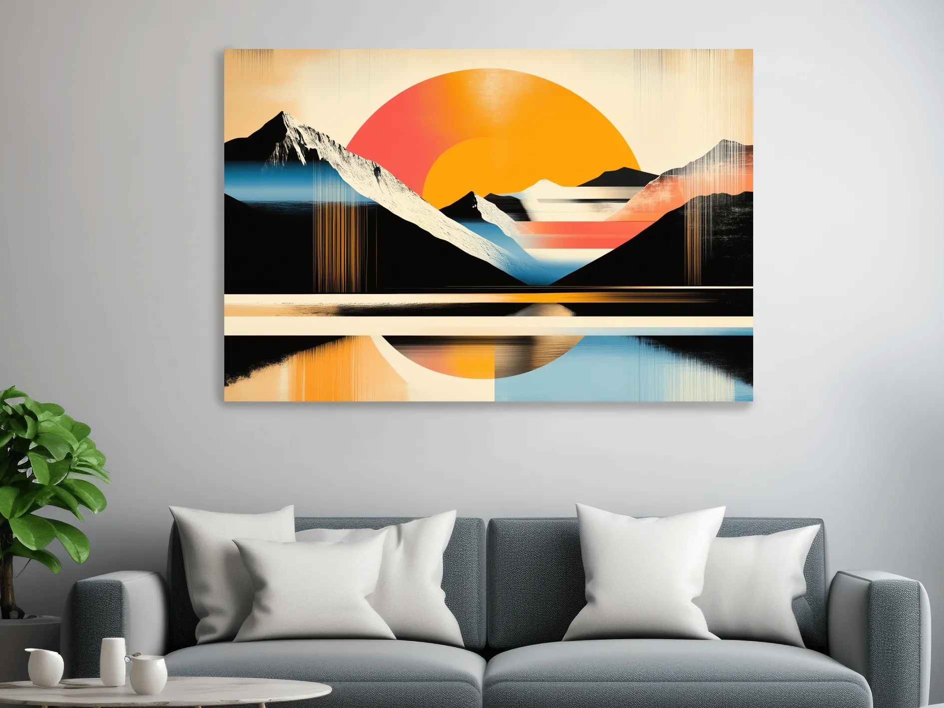 Retro Abstract Alpine Lake Sunset Artwork - Geometric Landscape Wall Art