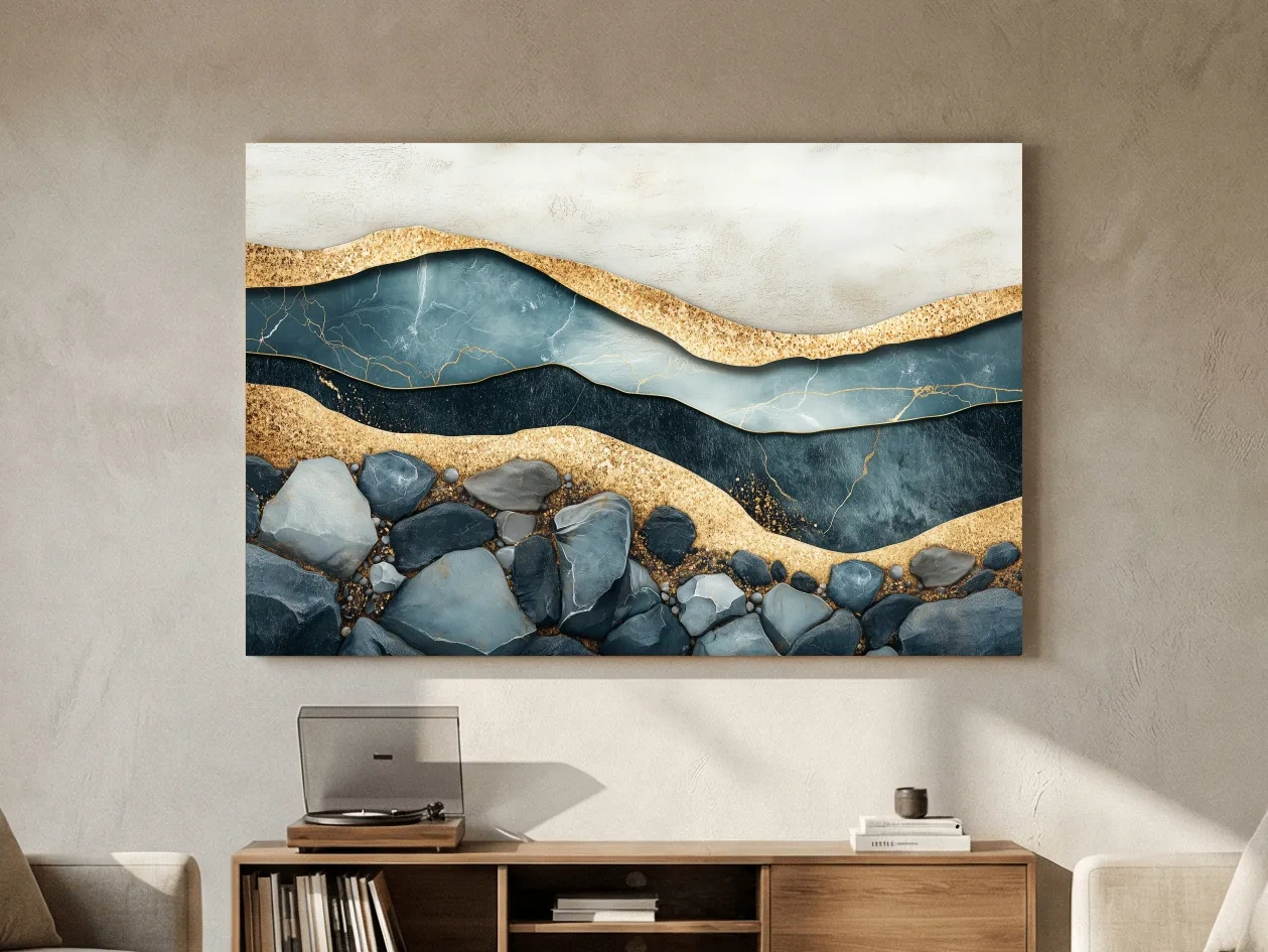 Luxury Teal Gold Marble Geode Layers - Modern River Rock Wall Art