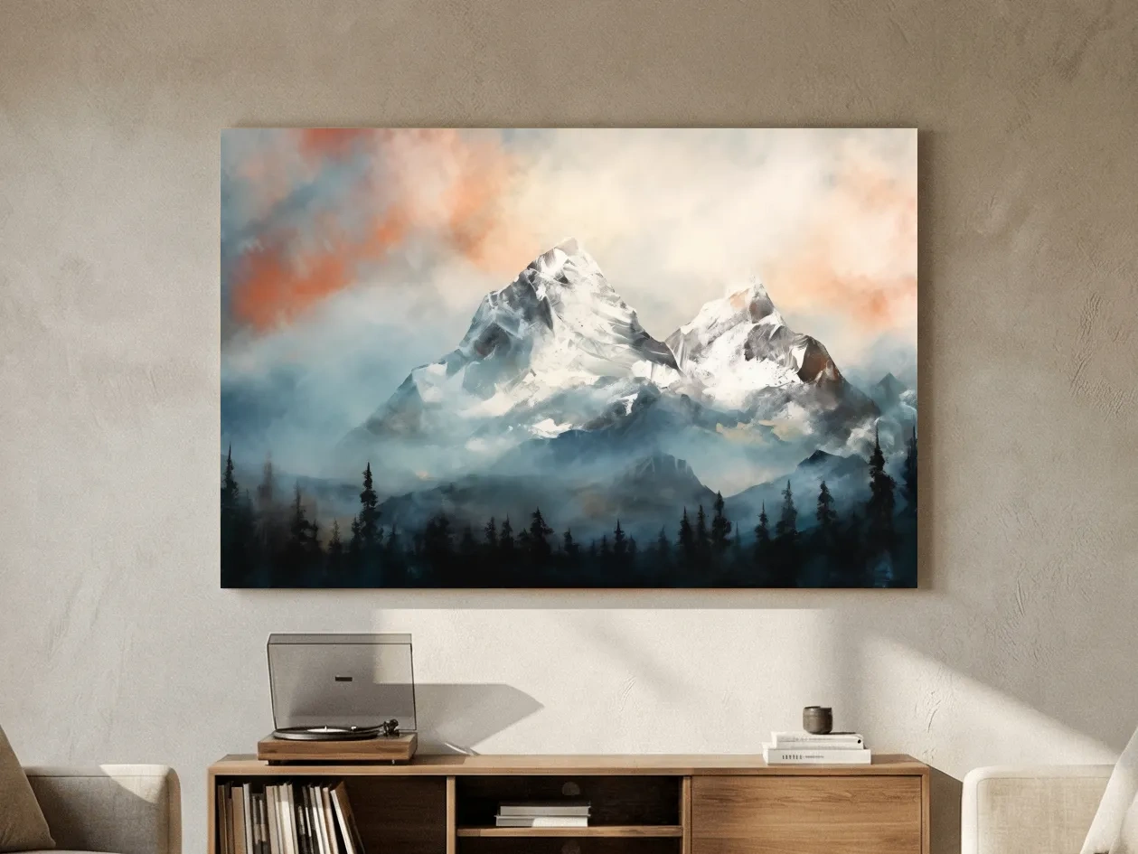Misty Snowcapped Mountain Peaks Painting - Alpine Sunset Wall Art