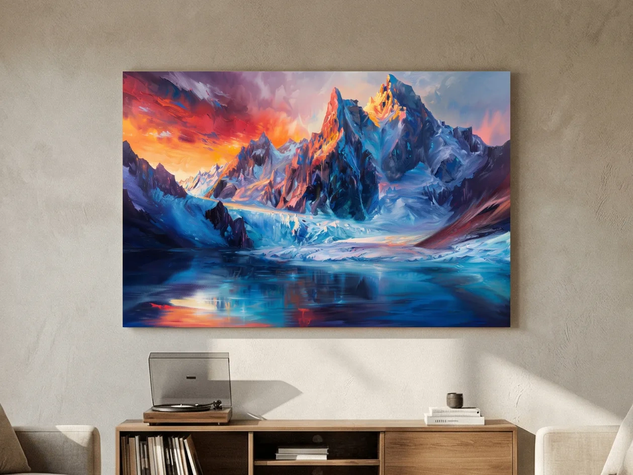 Vibrant Glacial Sunset Impressionism Painting - Dramatic Alpine Mountain Wall Art