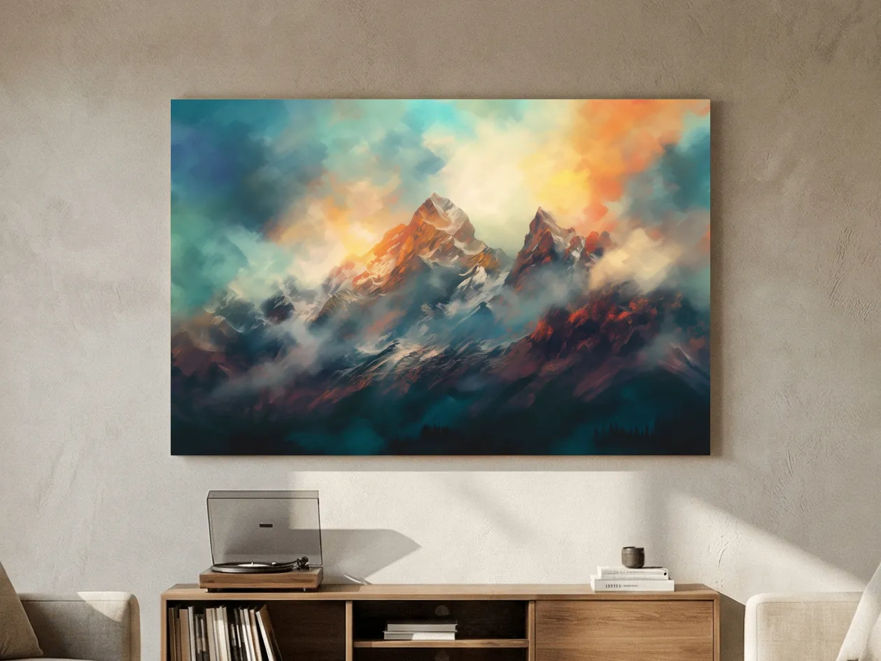 Abstract Sunrise Mountain Peaks Painting - Colorful Alpine Landscape Wall Art