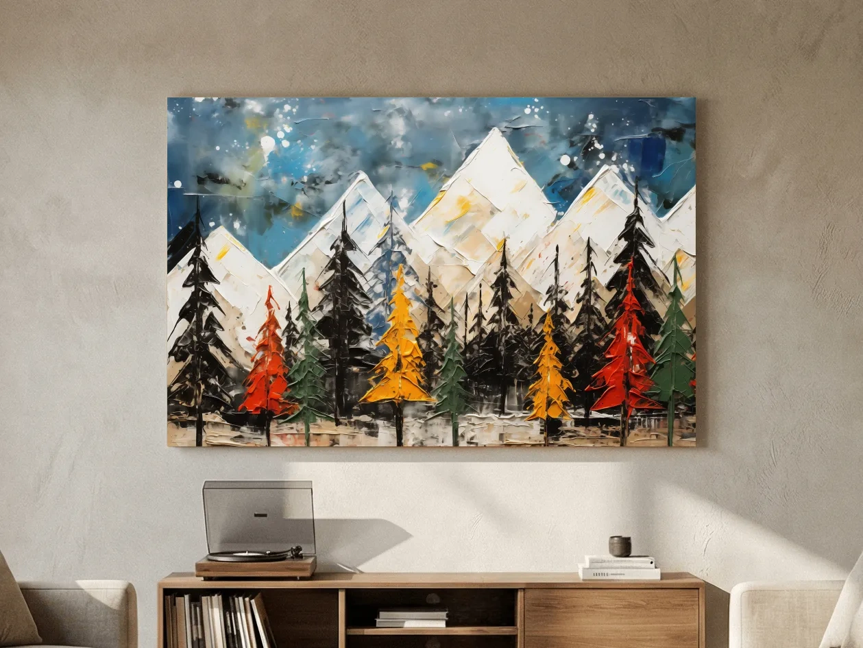 Textured Abstract Oil Painting Style Mountain Forest - Colorful Autumn Pines Landscape Wall Art