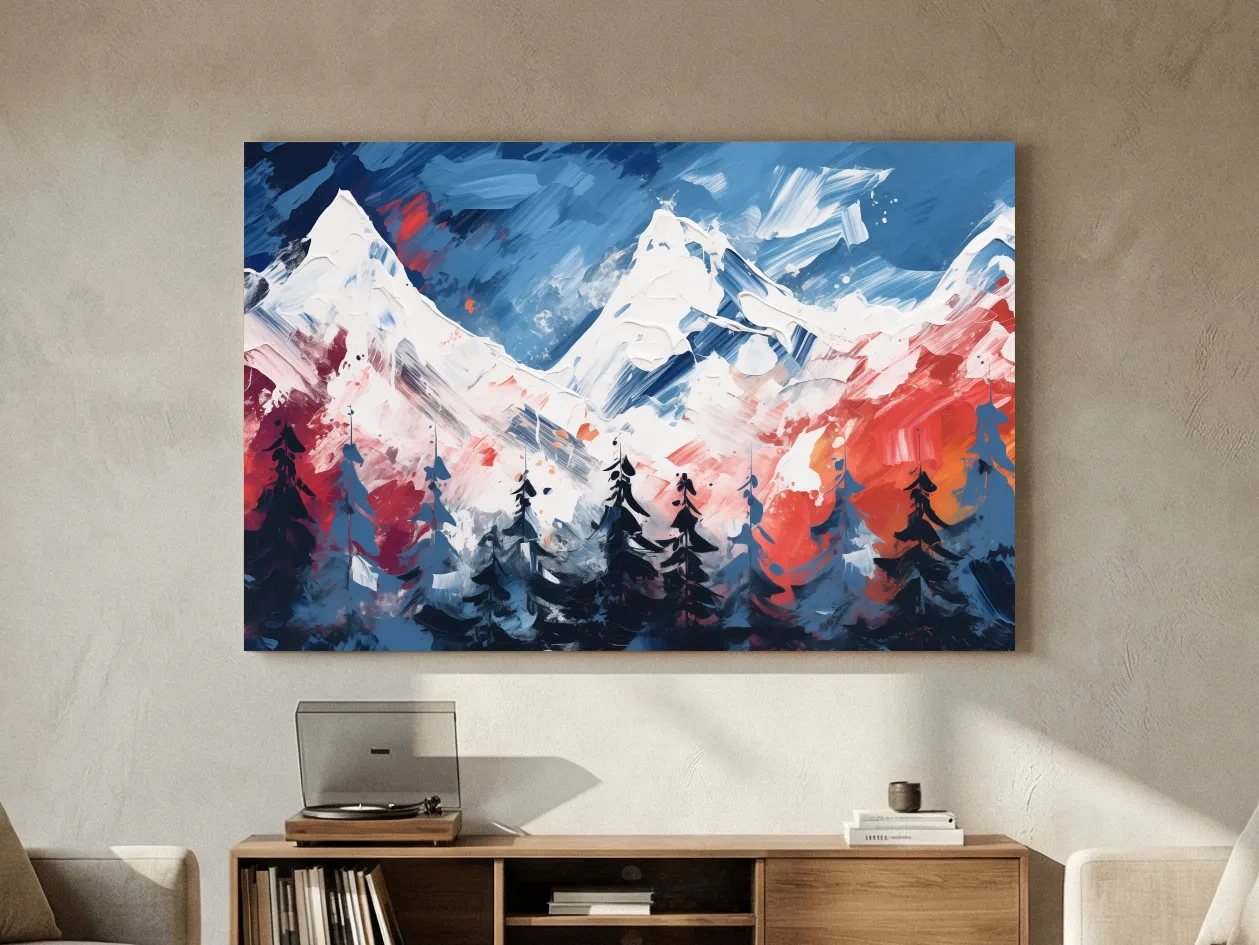 Vibrant Abstract Snowcapped Mountain Peaks - Bold Alpine Forest Landscape Art