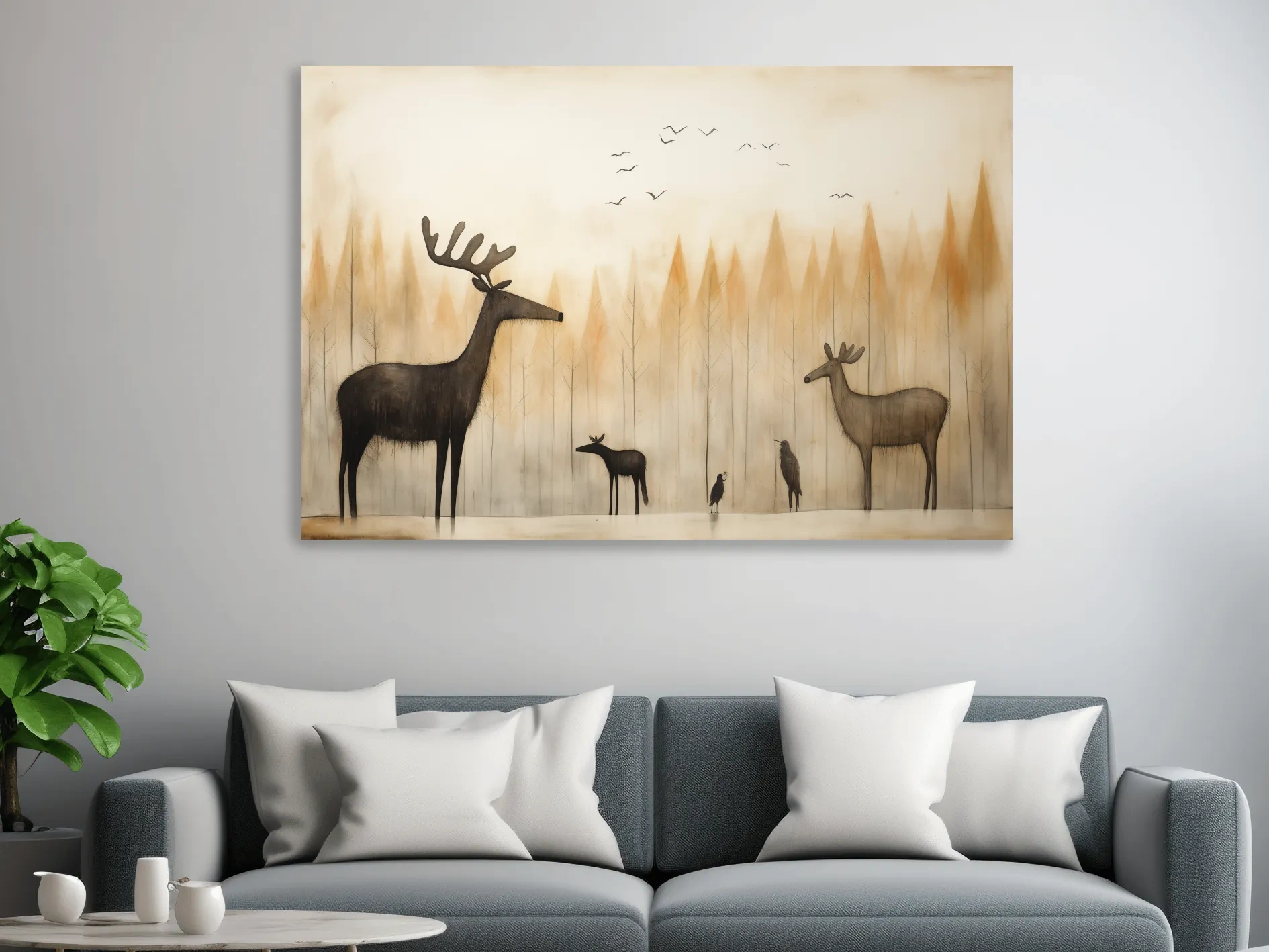 Minimalist Woodland Deer Family Illustration - Scandinavian Nursery Forest Wall Art