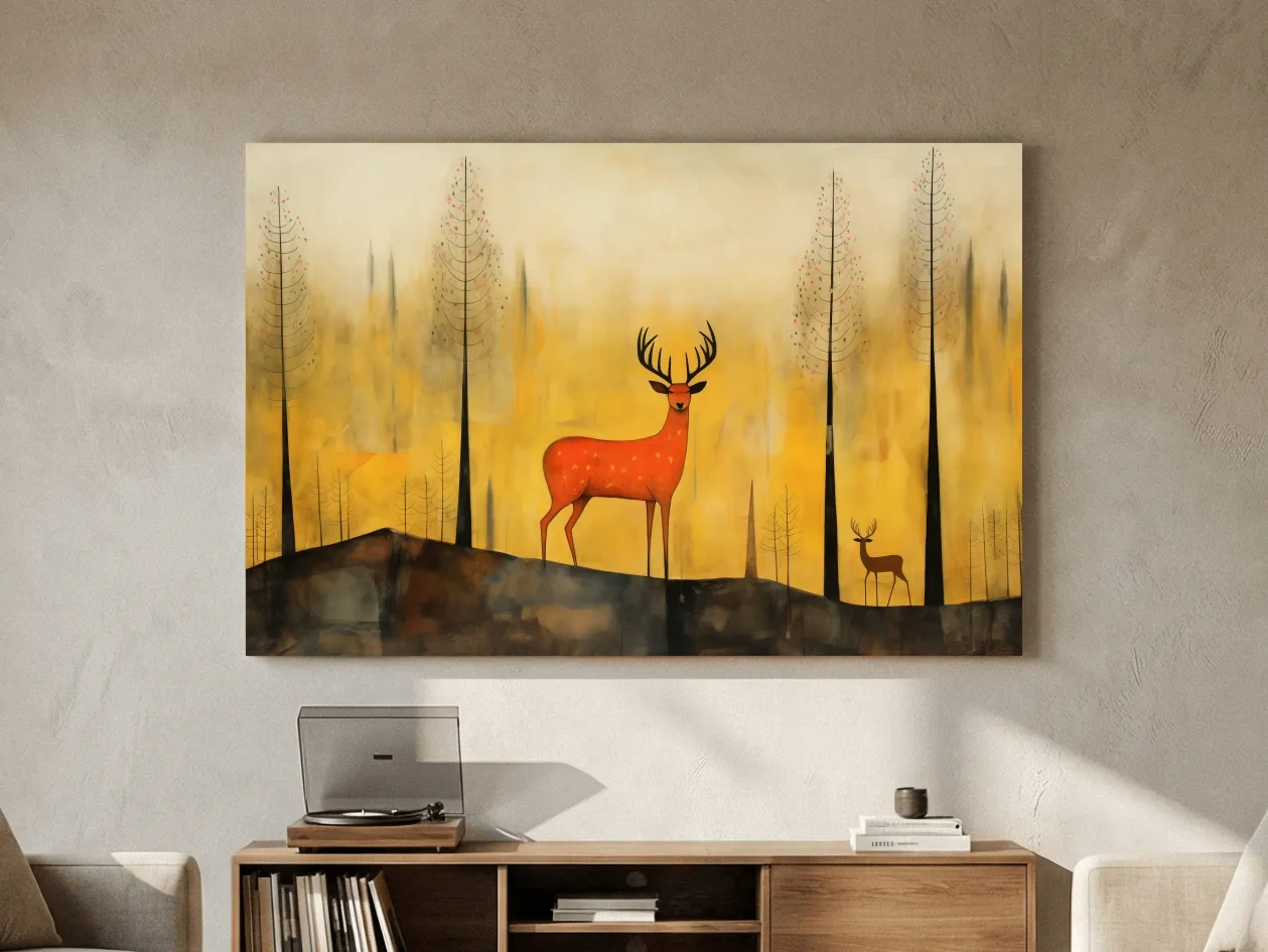 Whimsical Deer In Autumn Forest - Golden Woodland Landscape Wall Art