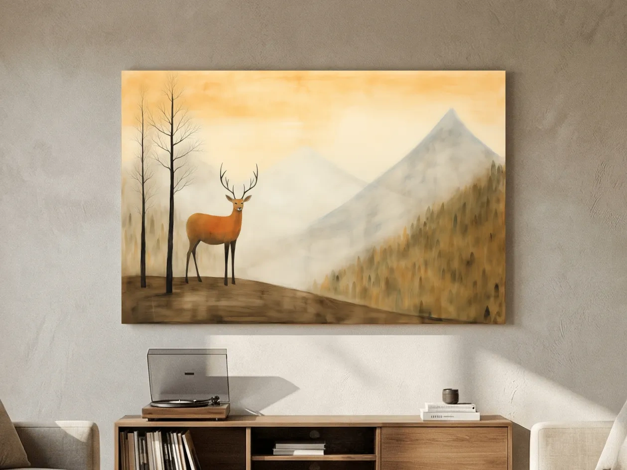 Deer Alpine Mountain Landscape Painting - Serene Foggy Forest Wall Art