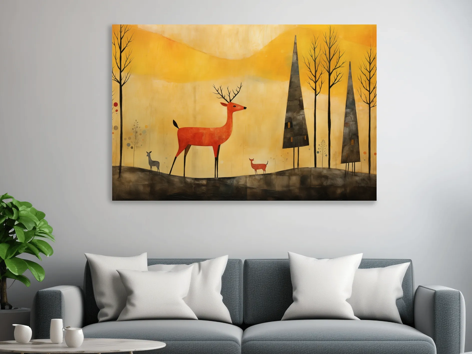 Whimsical Deer Forest Illustration - Autumn Woodland Landscape Wall Art