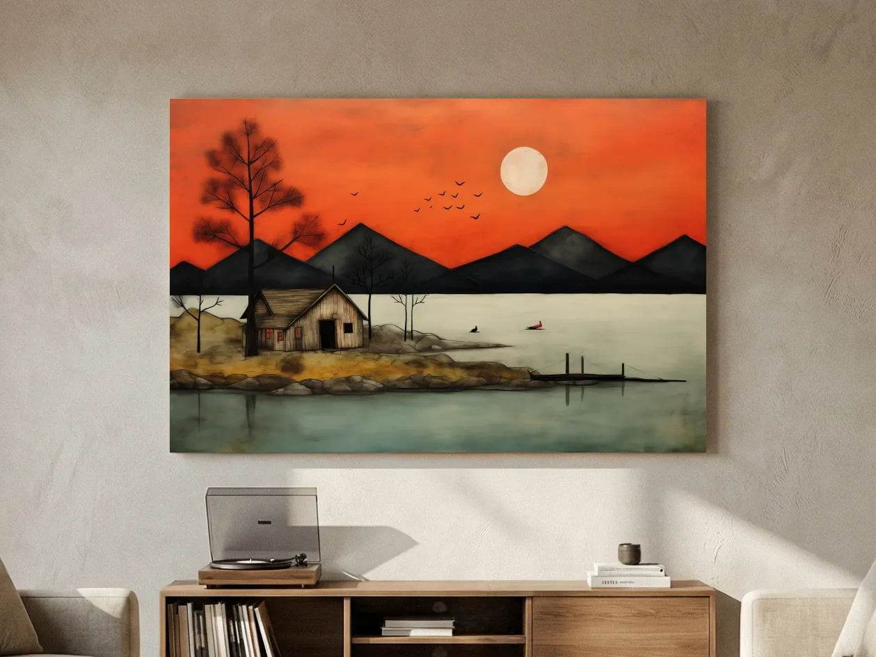 Rustic Lakeside Cabin Sunset Painting - Mountain Wall Art