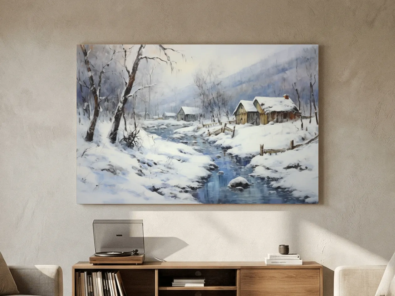 Snowy Winter Cabin Stream Landscape - Serene Rustic Wall Art