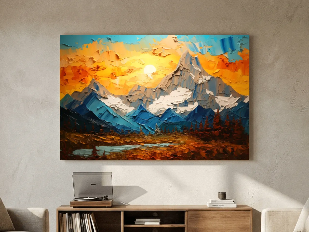 Palette Knife Style Mountain Sunset Painting - Vibrant Abstract Alpine Artwork