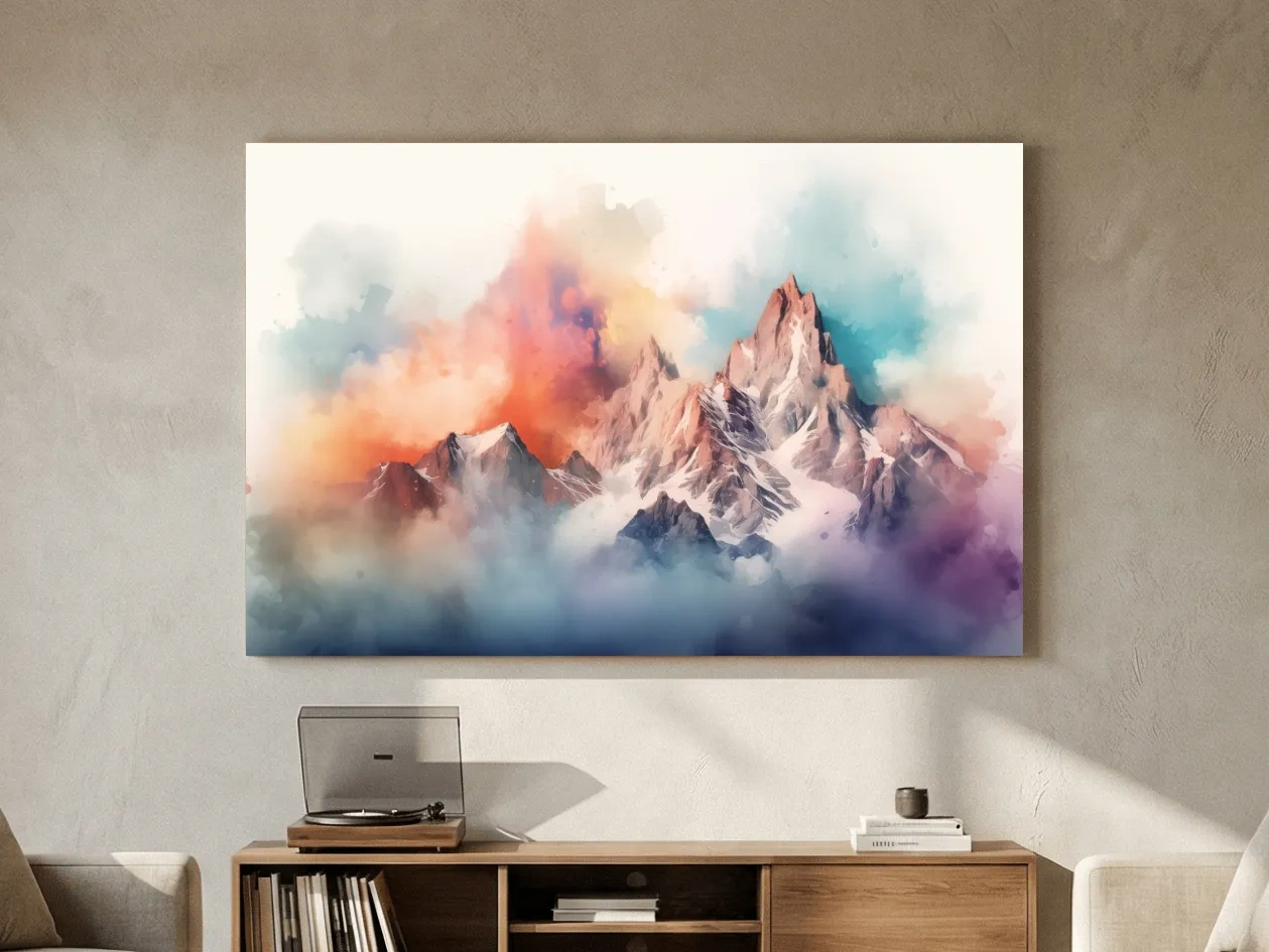 Vibrant Watercolor Alpine Mountain Peaks - Colorful Misty Artwork
