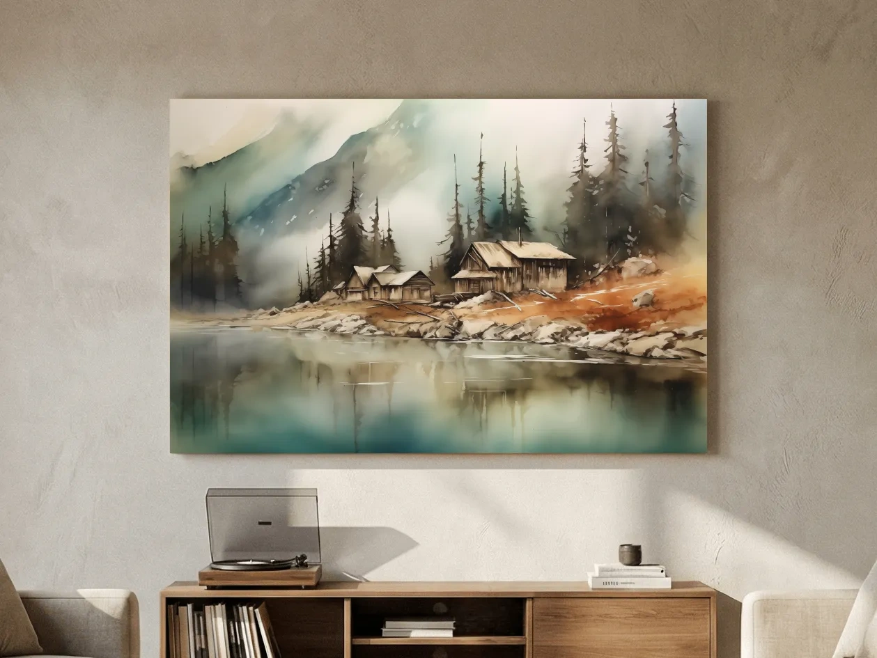 Rustic Lakeside Cabin Watercolor Landscape - Serene Alpine Mountain Wall Art