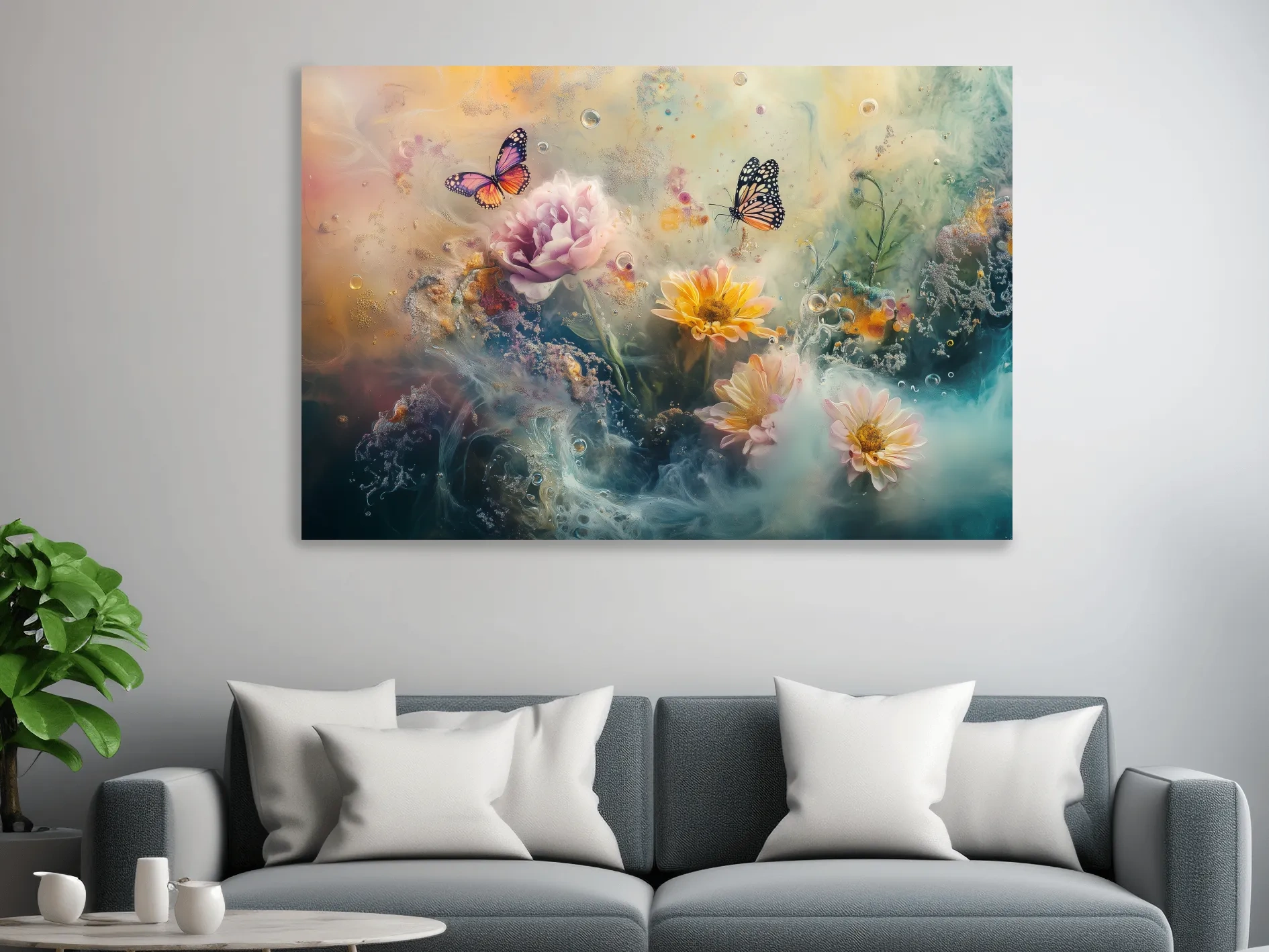 Abstract butterfly and flower wall art painting, dreamy pastel artwork