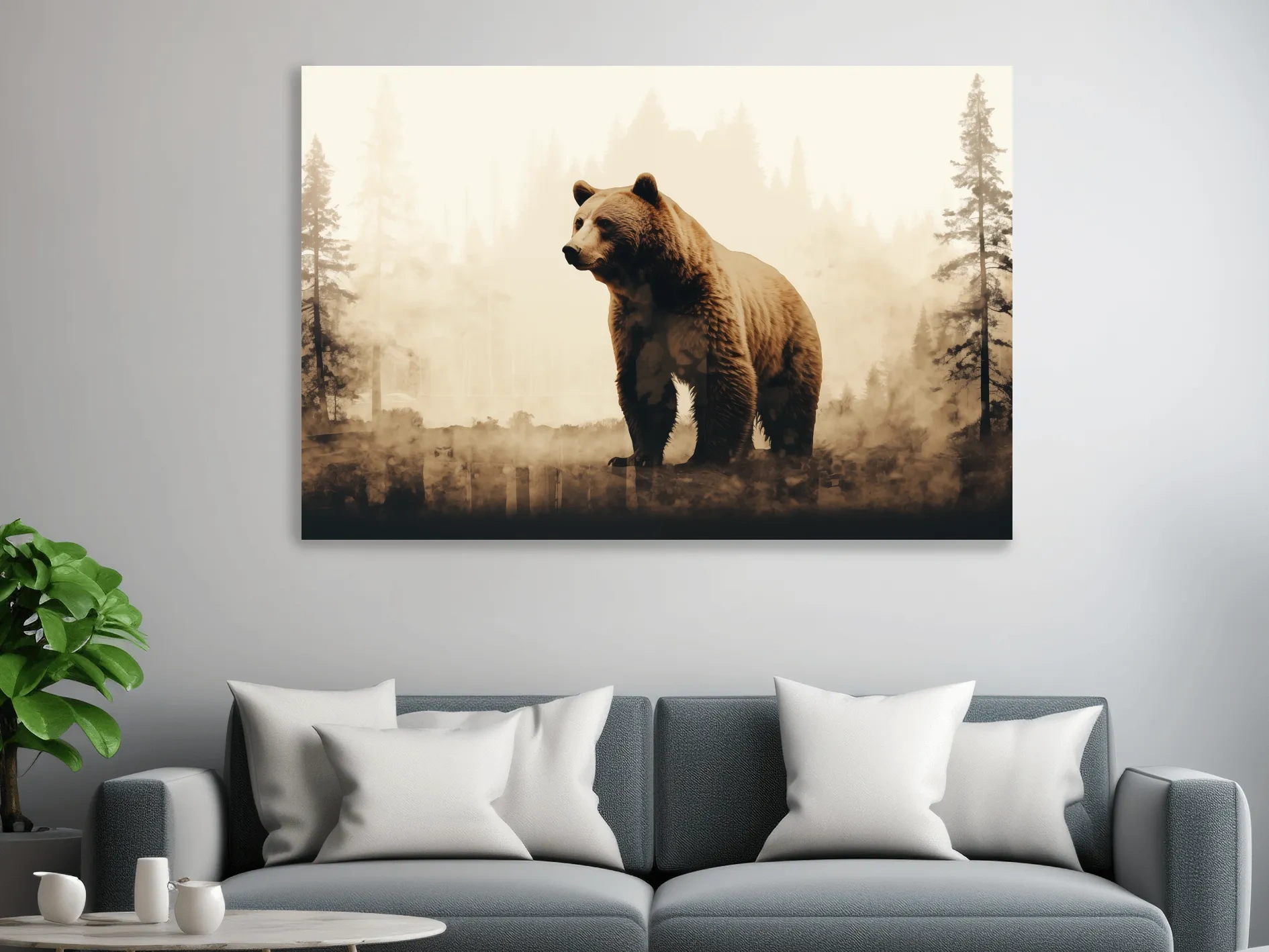 Grizzly bear in the forest, double exposure sepia photography artwork