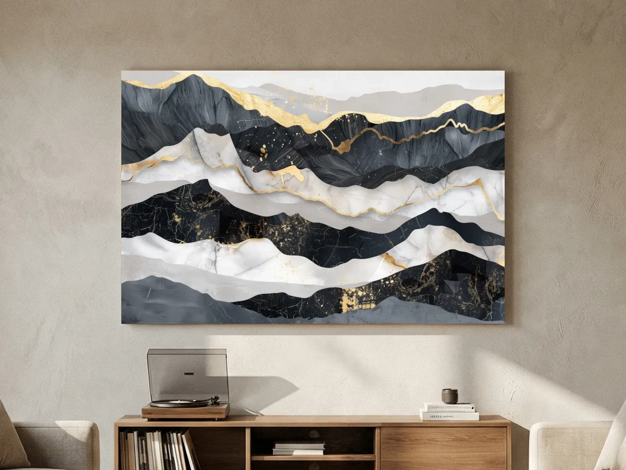 Abstract Black Marble Mountain Layers - Modern Elegant Gold Foil Landscape Wall Art