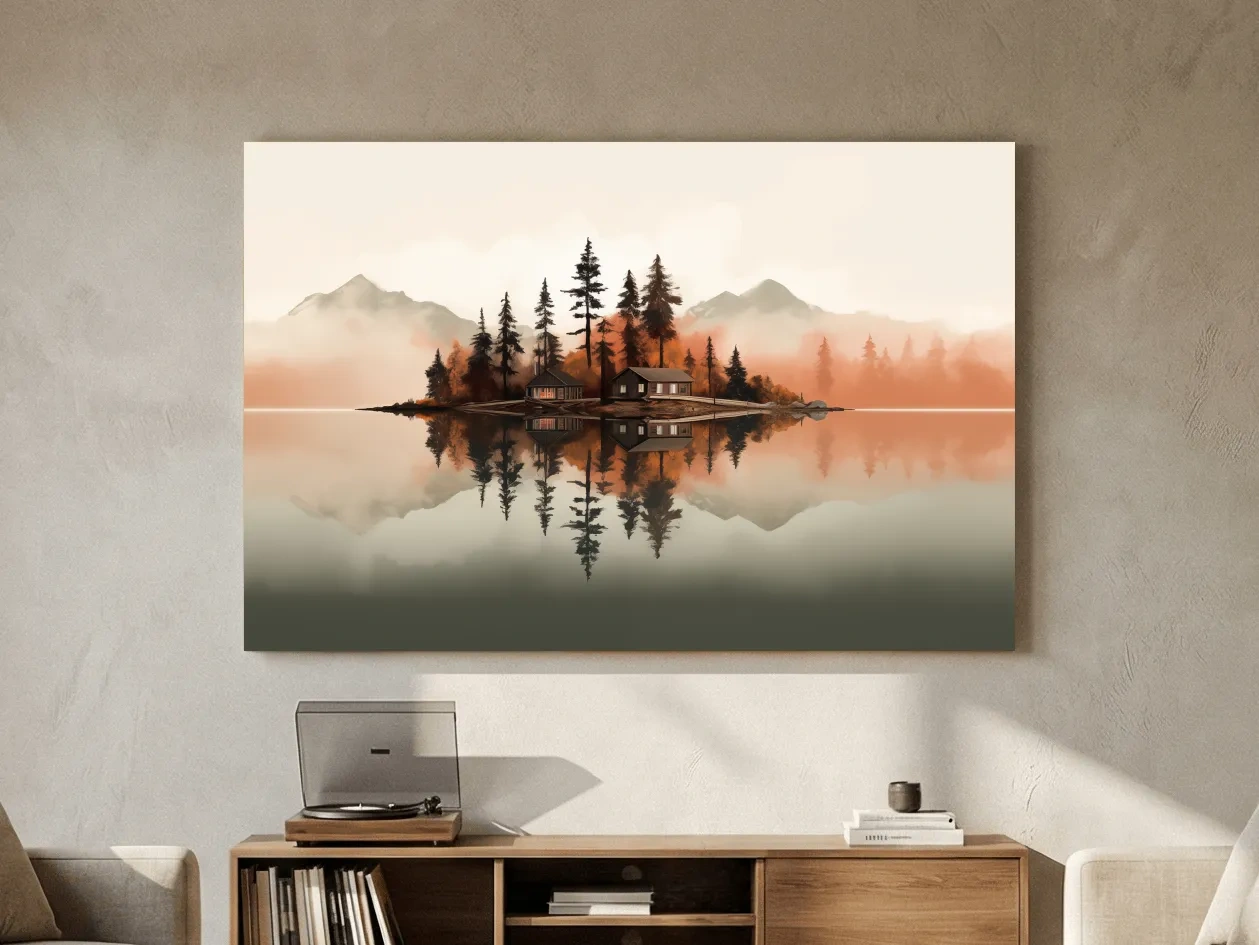 Minimalist Misty Lake Cabin Reflection - Autumn Mountain Landscape Wall Art