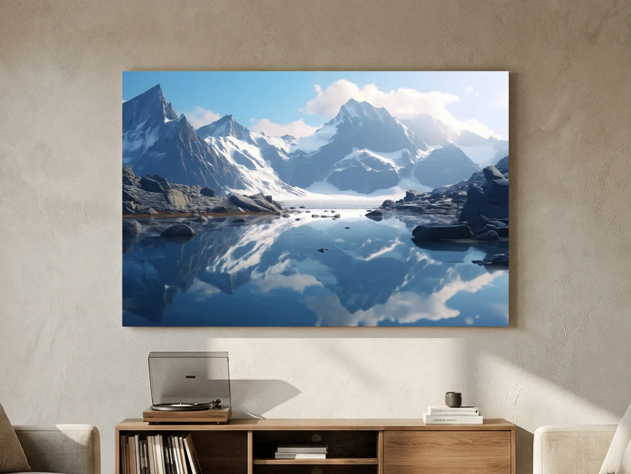 Majestic Snowcapped Mountain Lake Artwork - Serene Alpine Photography Wall Art